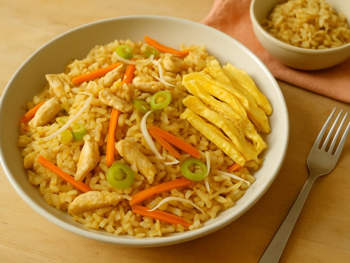 Milde nasi met kip, ei en groenten in een grote schaal