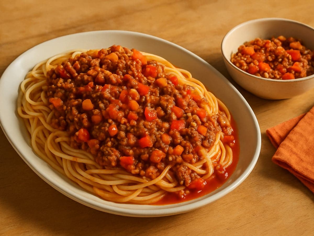 Milde spaghetti bolognese met wortel en paprika op een bord