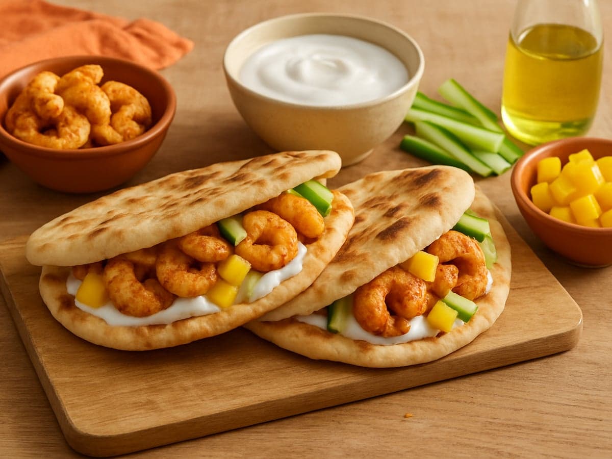 Naanbroodjes met garnalen-tikka en mangokwark op een bord