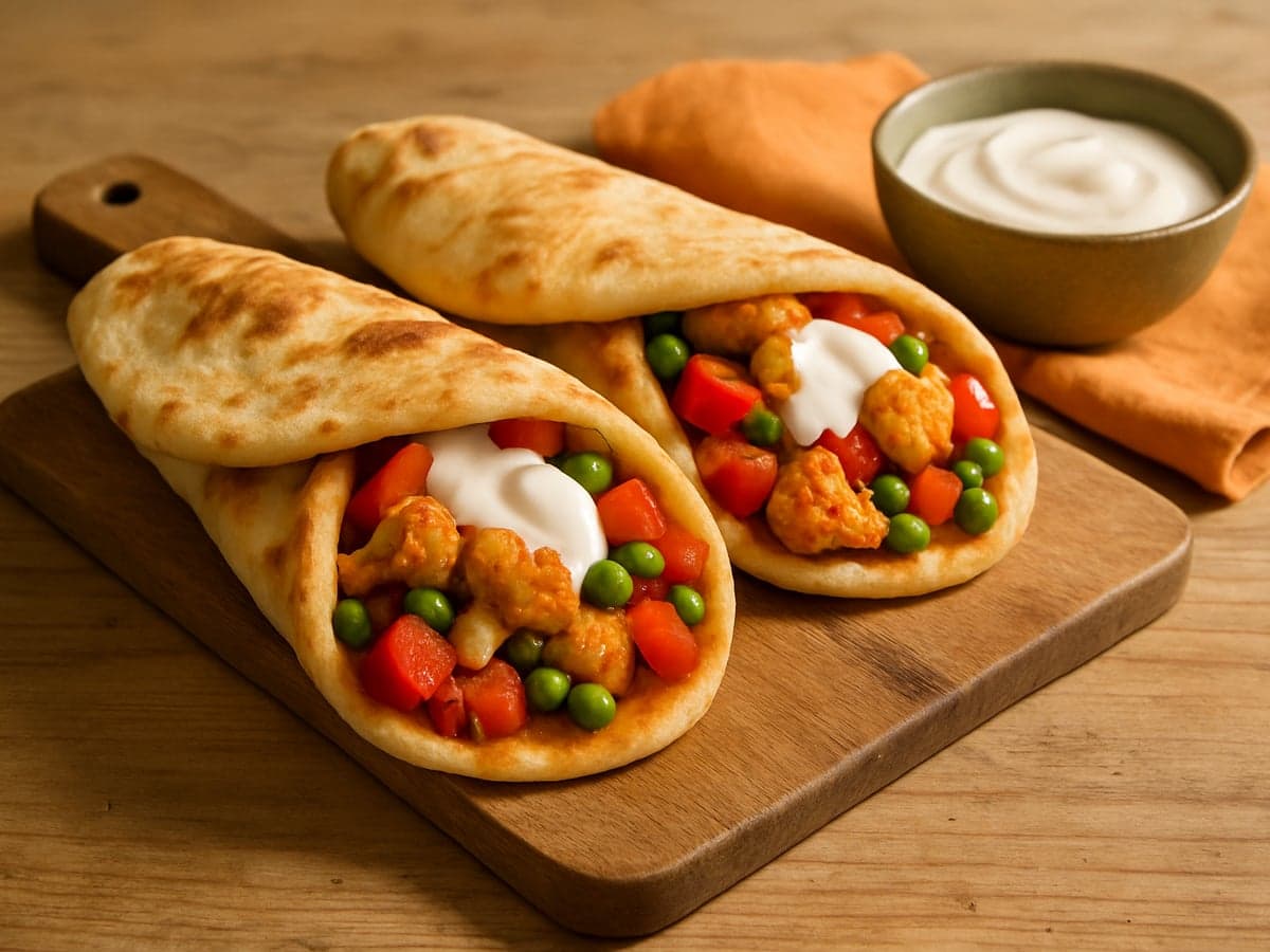 Naanbroodjes met groente-tikka en yoghurt op een bord
