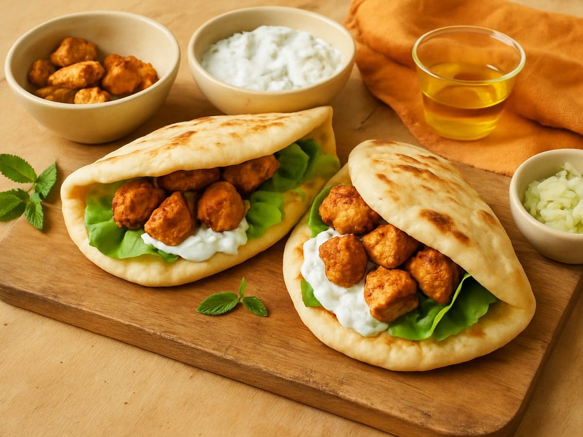 Naanbroodjes met kalkoen tikka en komkommerraita op een bord
