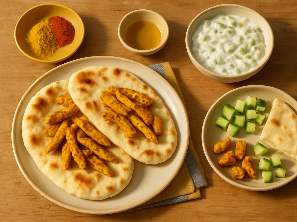 Naanbroodjes met kip tikka en raita op tafel