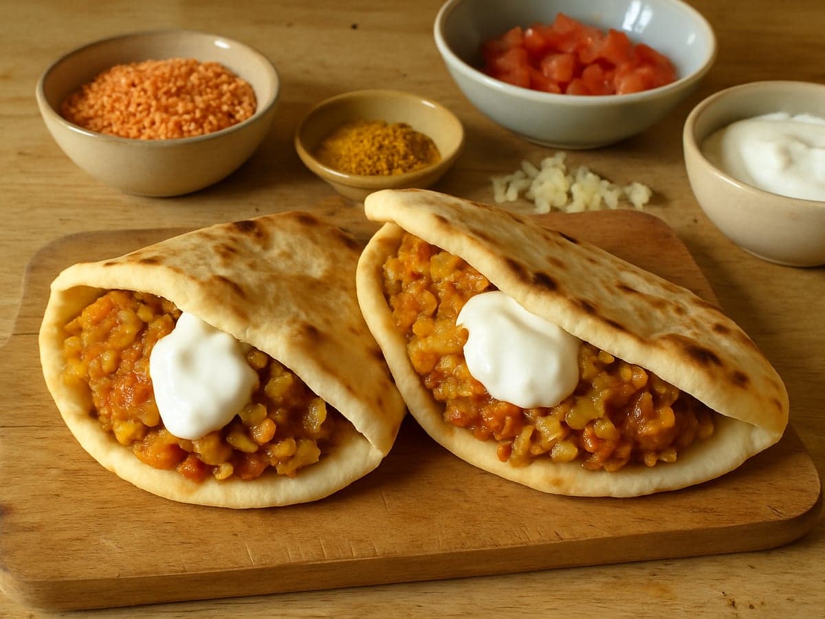 Naanbroodjes met linzencurry en yoghurt op een bord
