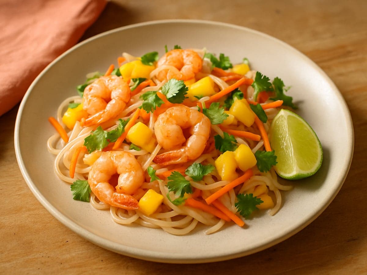 Noedelsalade met garnalen, mango en koriander op een bord
