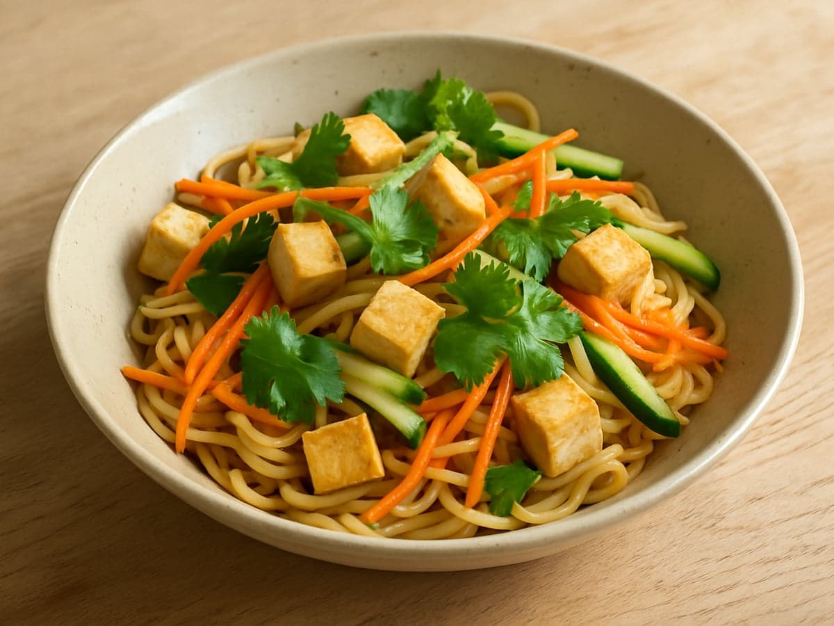 Noedelsalade met tofu, wortel en koriander in een schaal