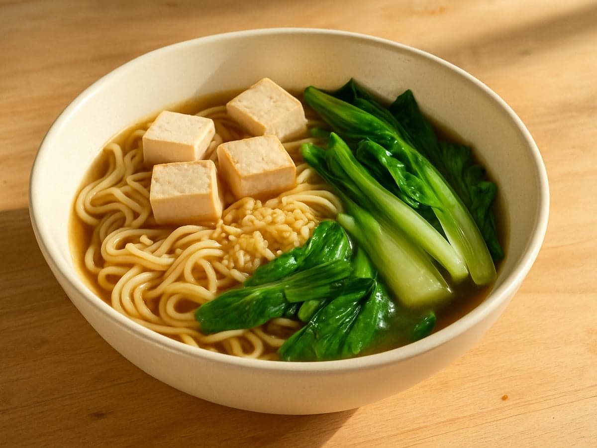 Noedelsoep met tofu en paksoi in een kom