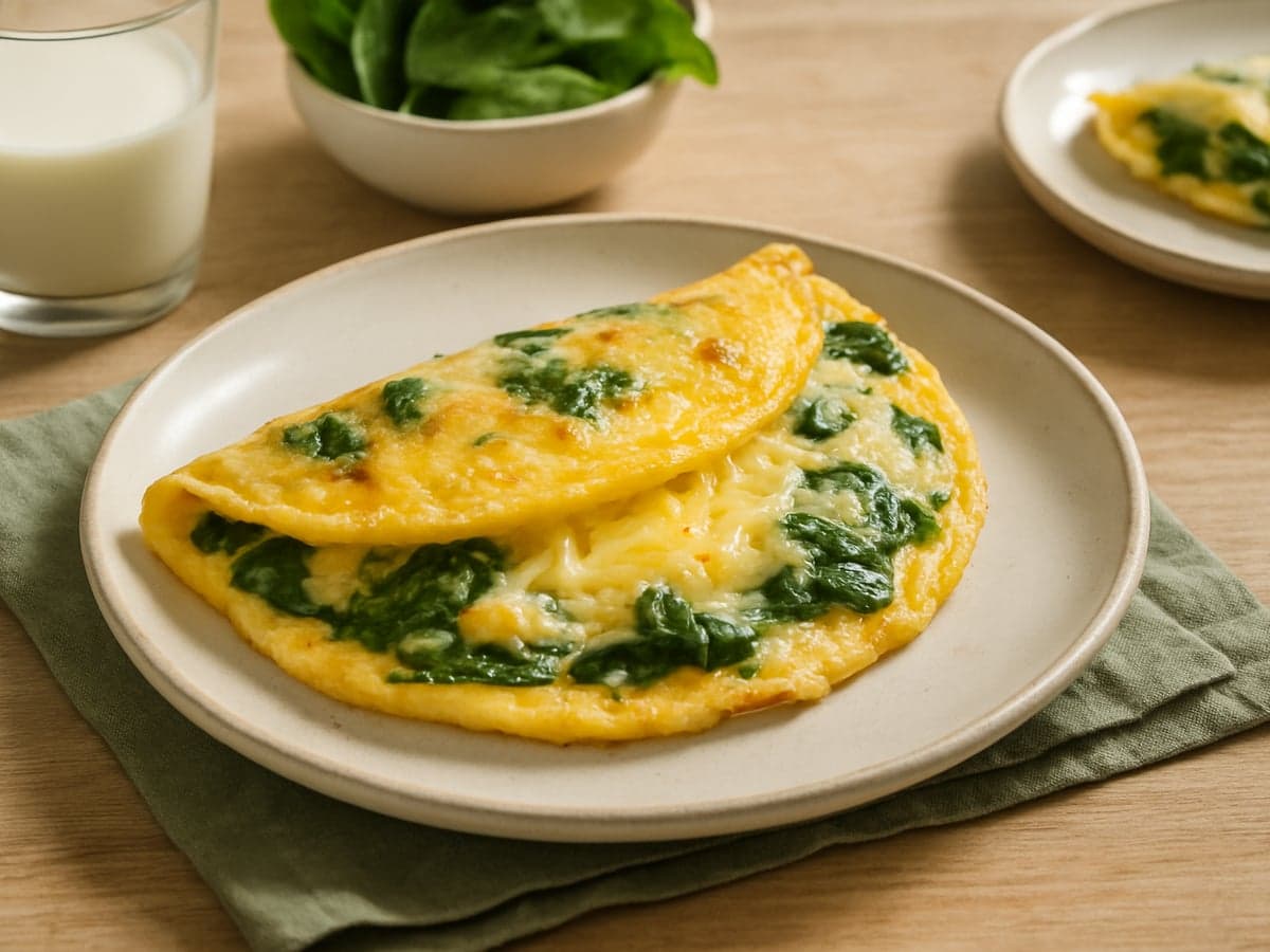 Omelet met spinazie en gesmolten kaas op een bord