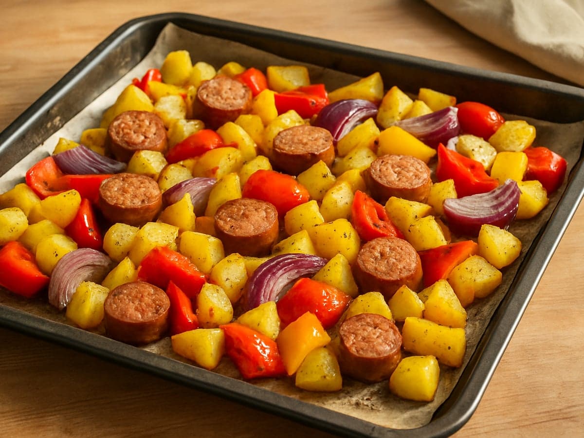 Ovenaardappelblokjes met worst en paprika op een bakplaat