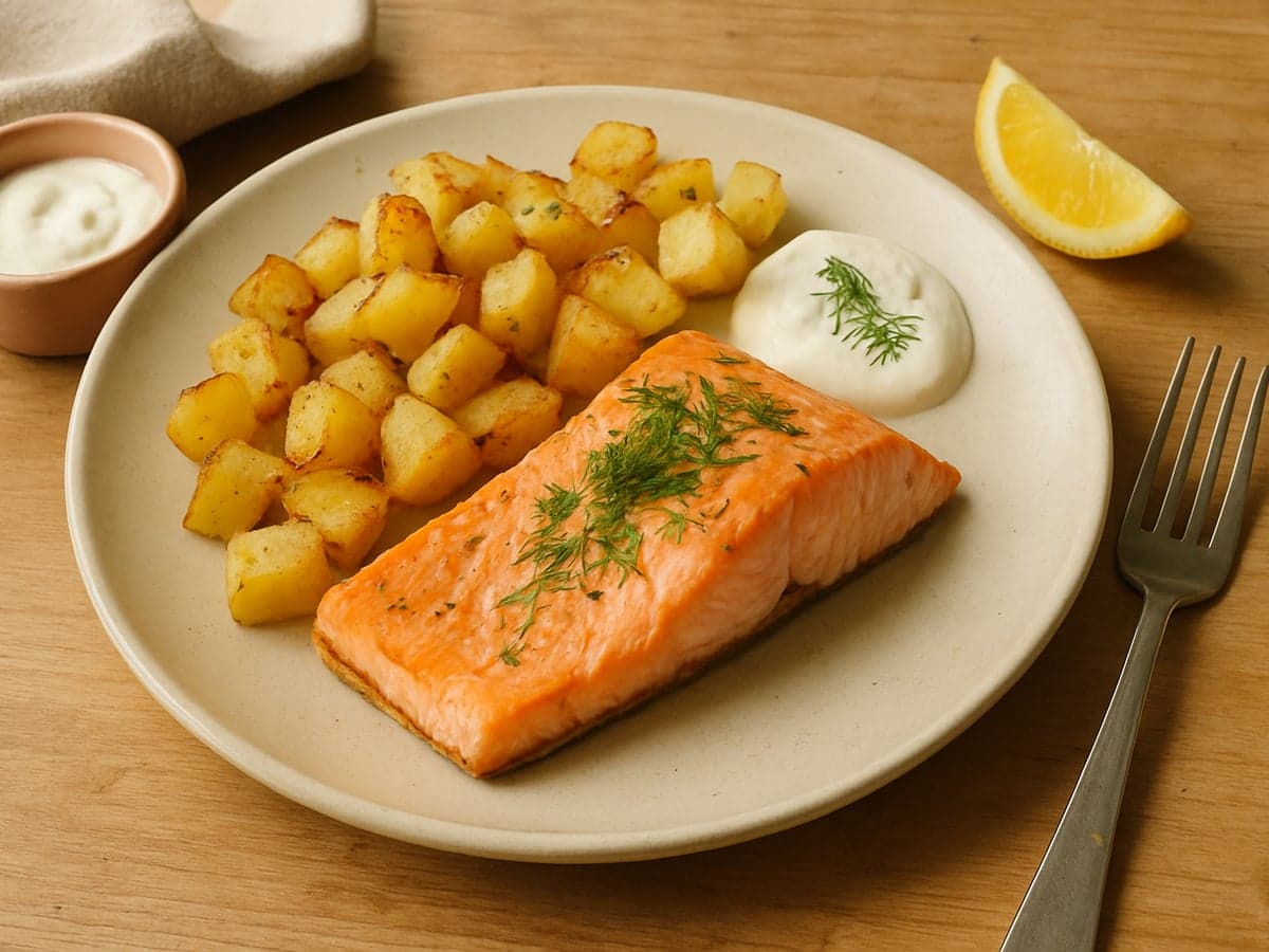 Ovenaardappelblokjes met zalm en dille op een bord