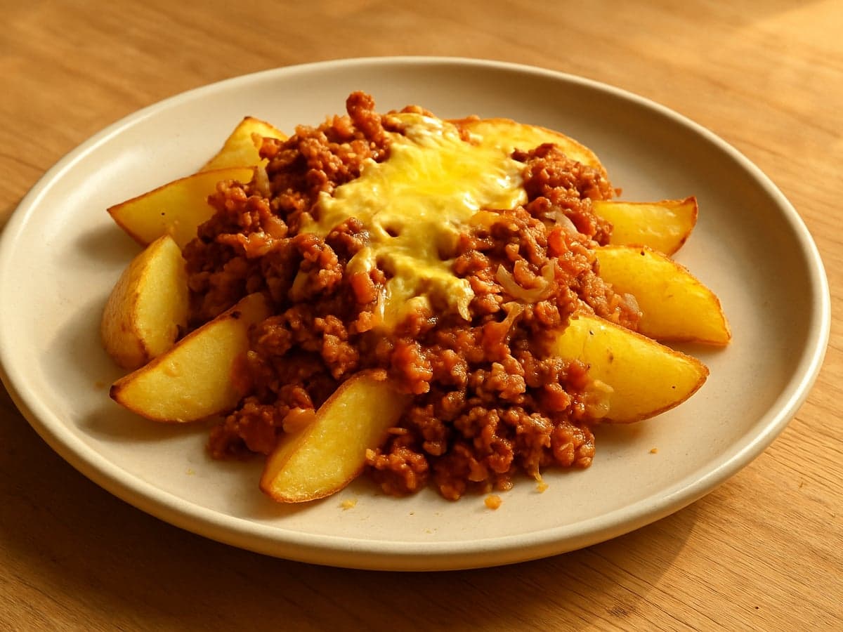 Ovenaardappelpartjes met vegetarisch gehakt en kaas op een bord