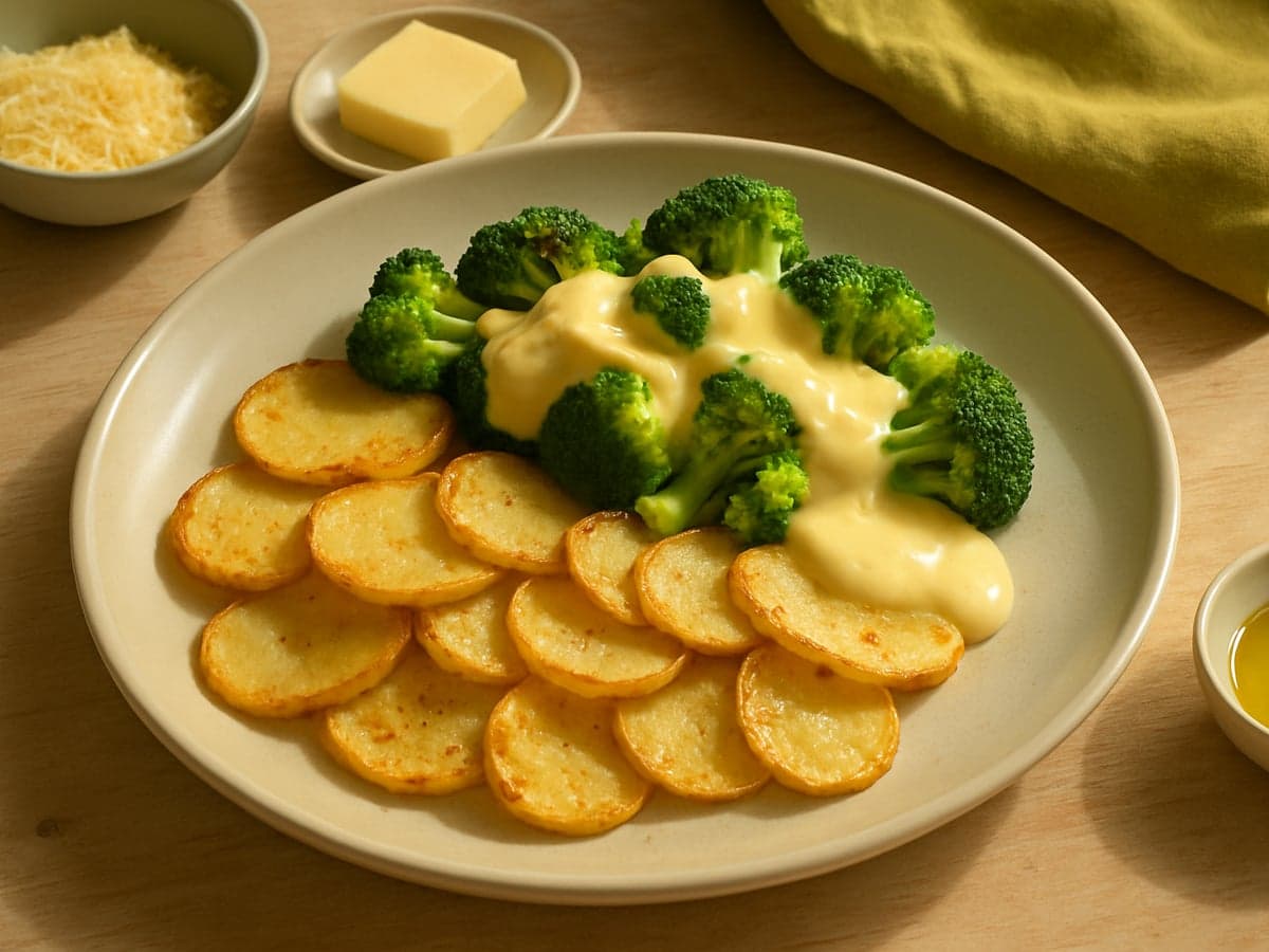 Ovenaardappelschijfjes met broccoli en kaassaus op een bord