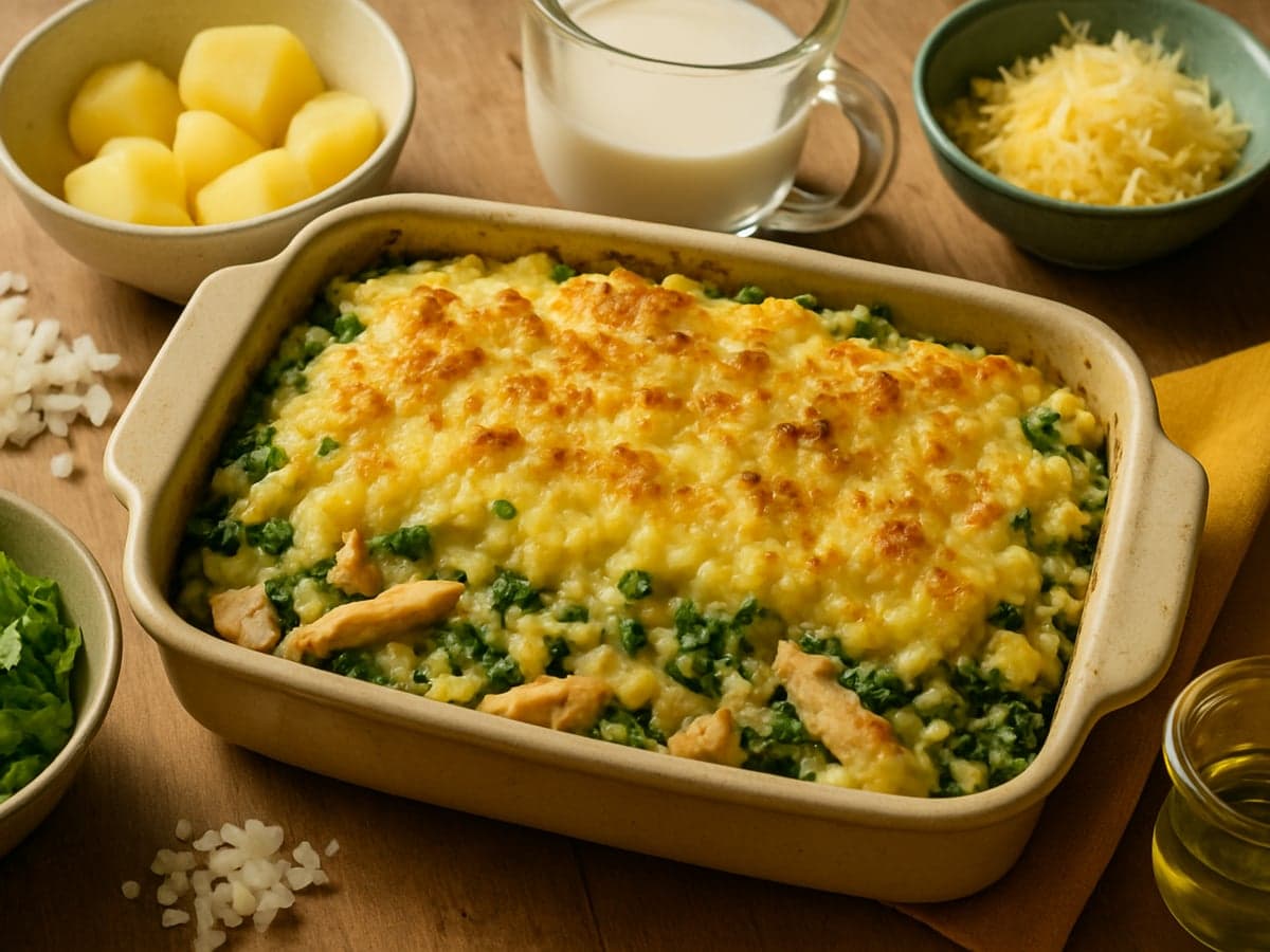 Ovenschotel met andijvie, kip en aardappelpuree op een bord