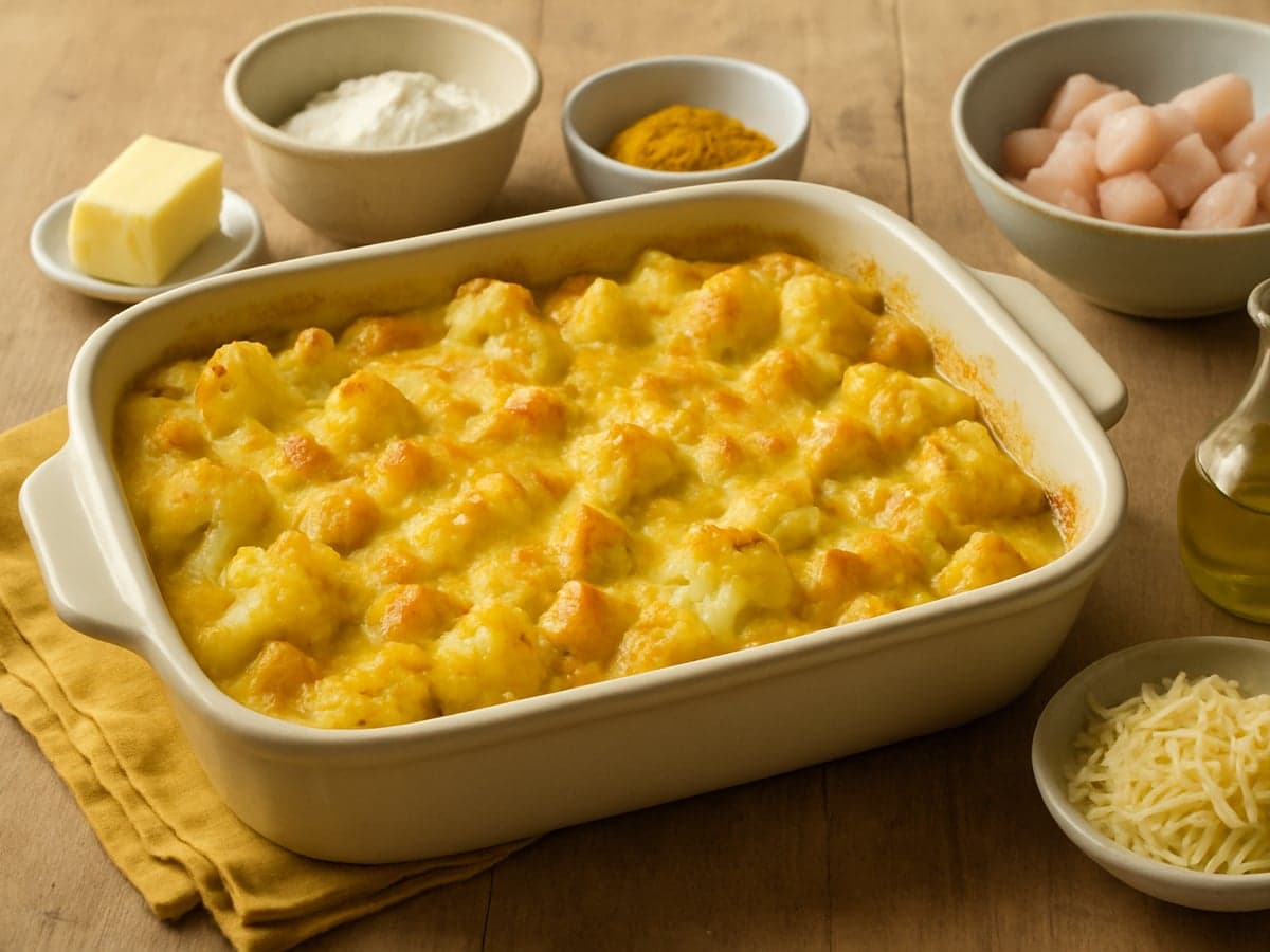 Ovenschotel met bloemkool, kip en kerriesaus op een bord