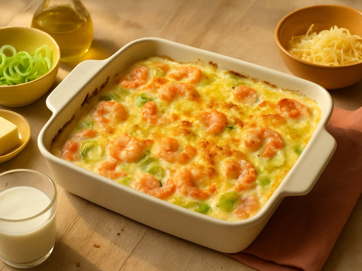 Ovenschotel met garnalen, prei en kaassaus op een bord