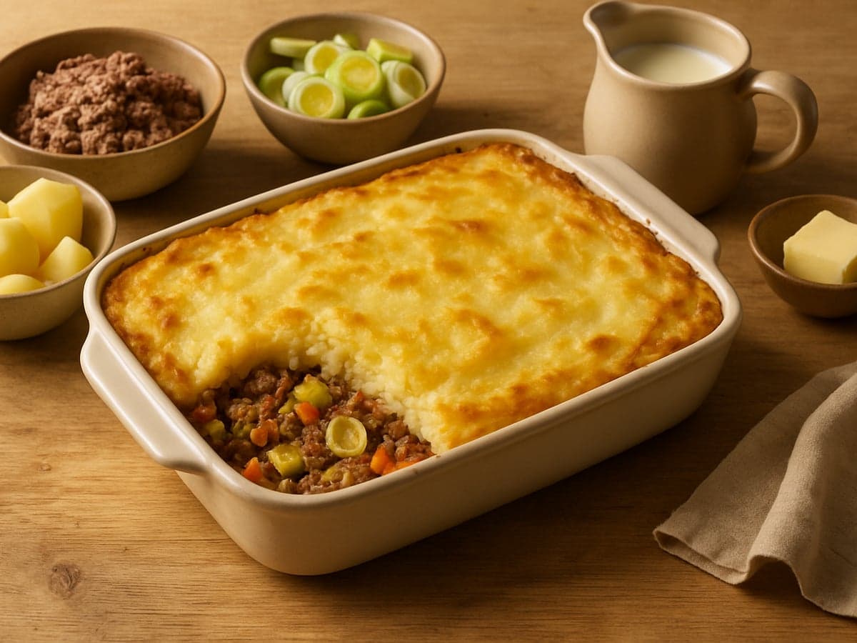 Ovenschotel met gehakt, prei en aardappelpuree in een ovenschaal