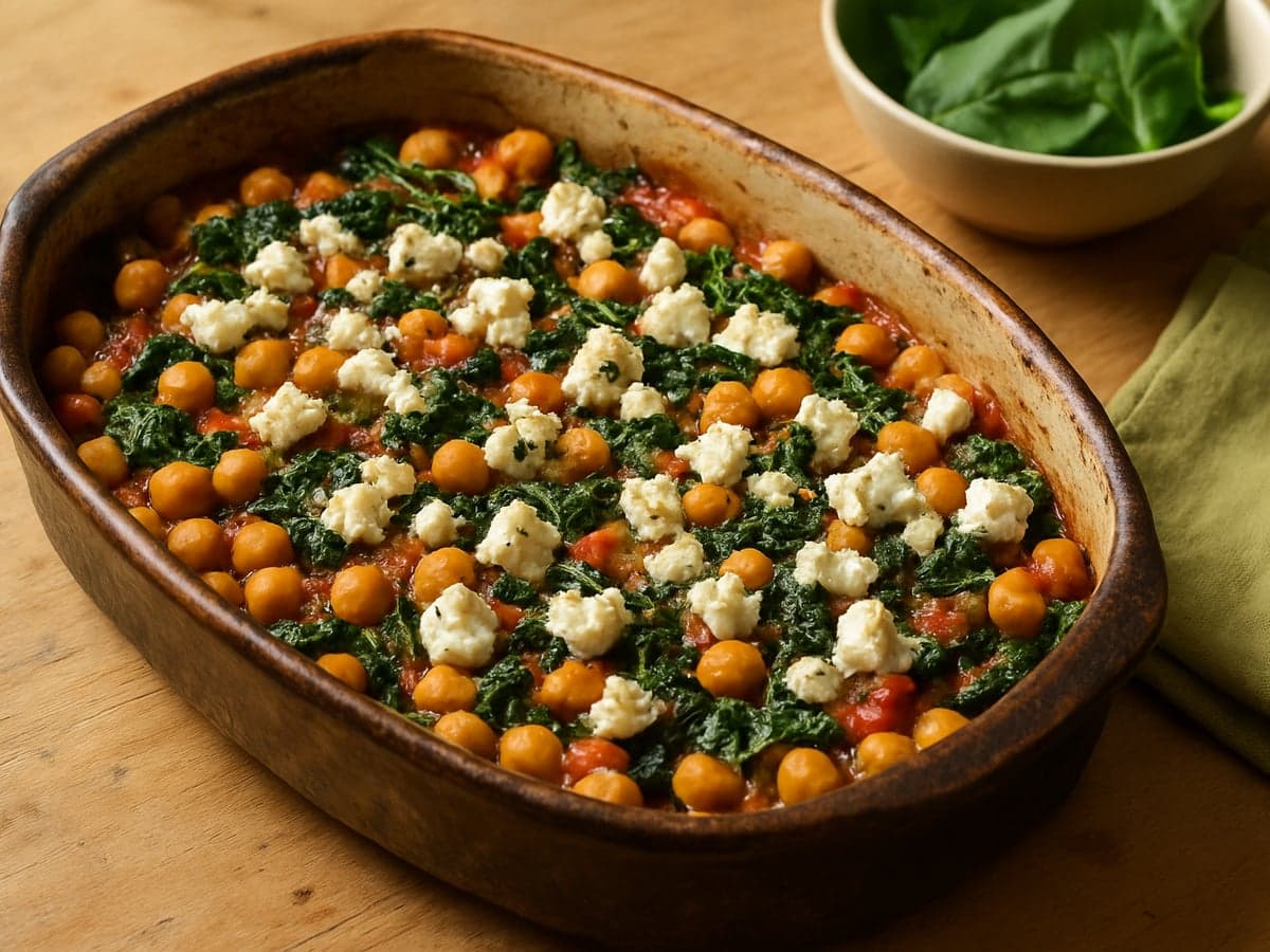 Ovenschotel met kikkererwten, spinazie en feta in een ovenschaal