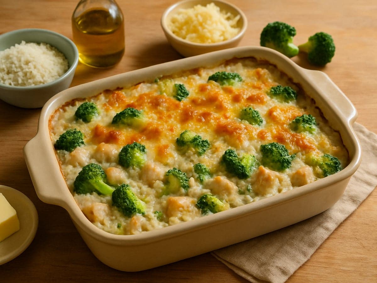 Ovenschotel met kip, broccoli en rijst in een ovenschaal