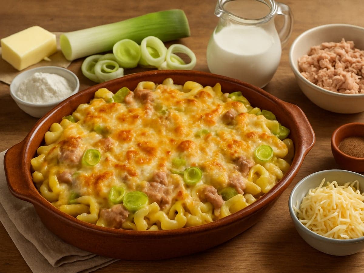 Ovenschotel met macaroni, tonijn, prei en kaassaus in een ovenschaal
