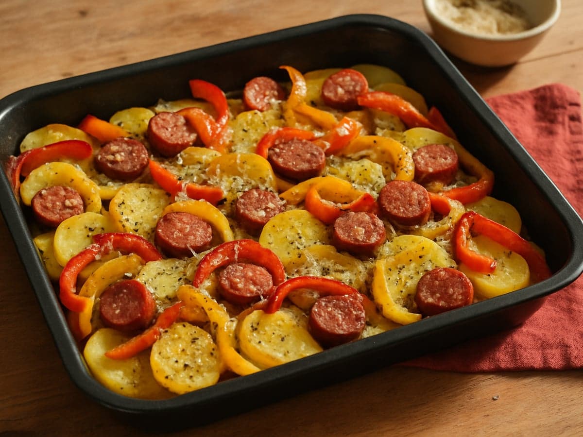Ovenschotel met paprika, worst en aardappel op een bakplaat