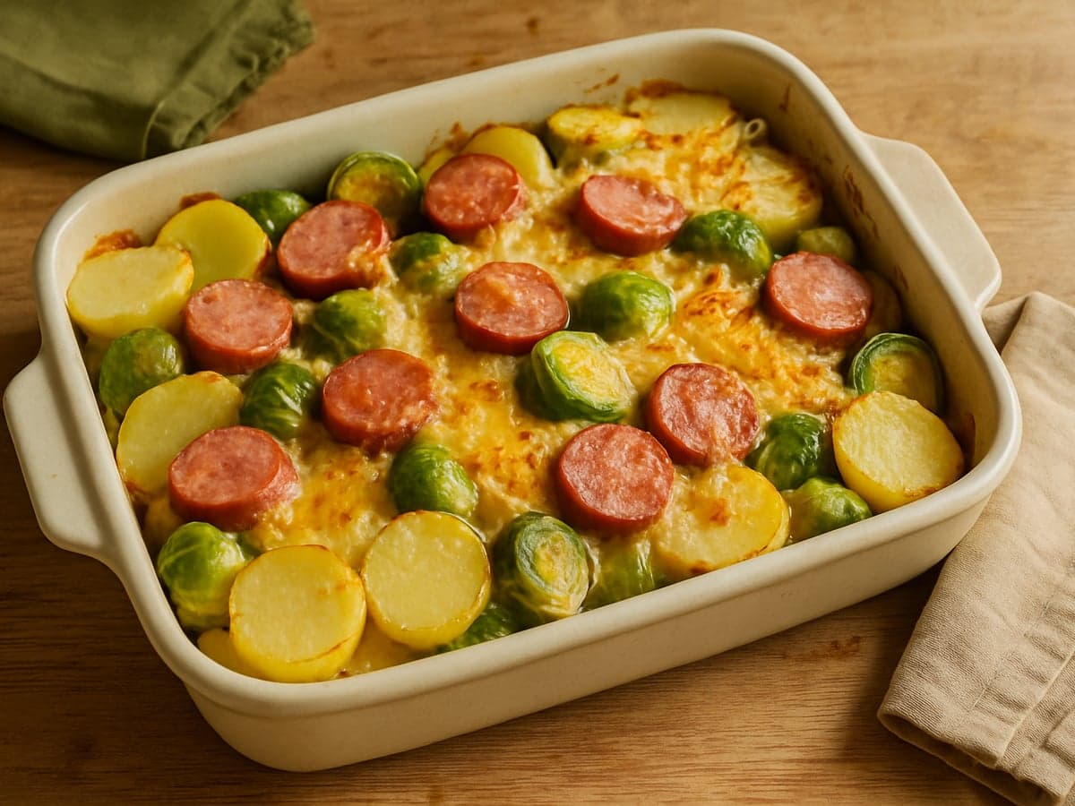 Ovenschotel met spruitjes, worst en aardappel op een bord