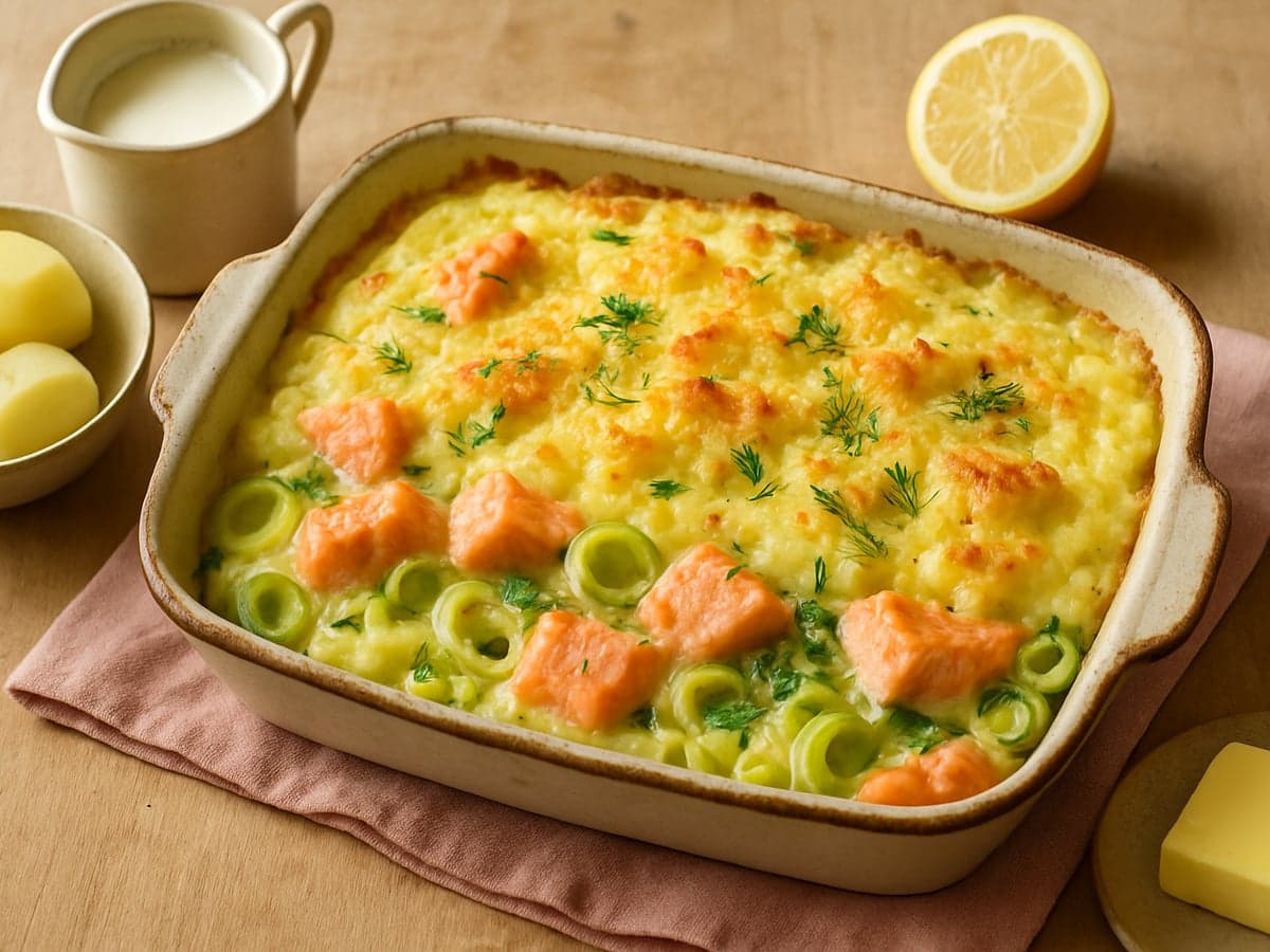 Ovenschotel met zalm, prei en aardappelpuree in een ovenschaal