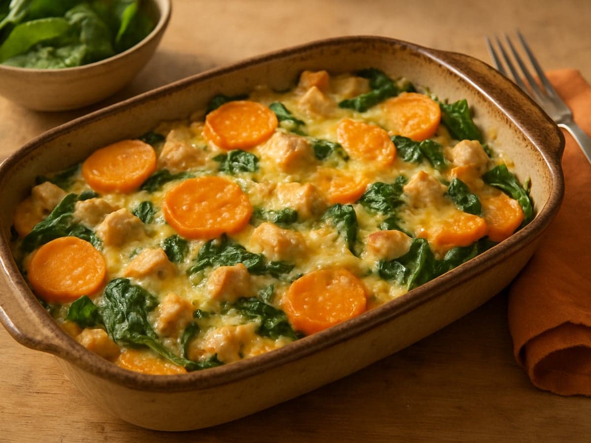 Ovenschotel met zoete aardappel, kip en spinazie in een ovenschaal