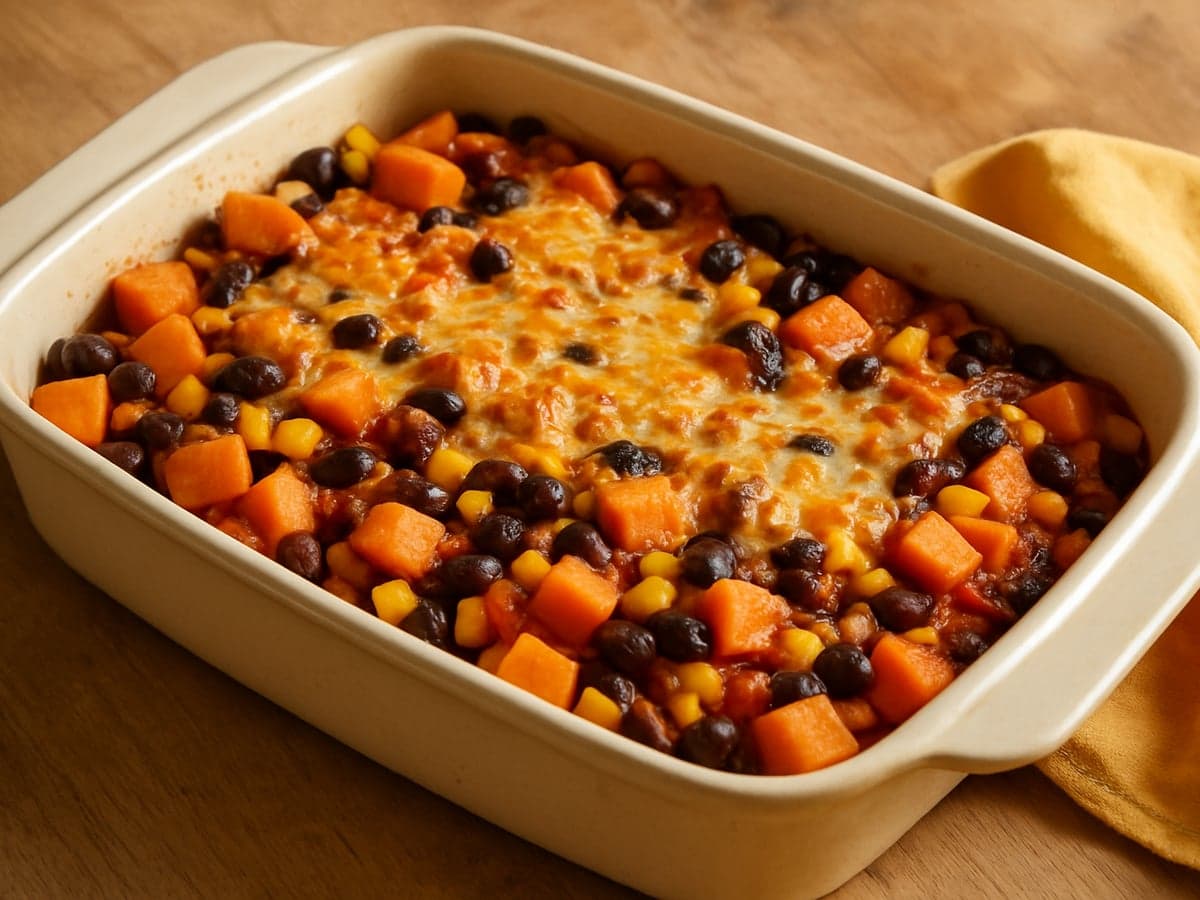 Ovenschotel met zoete aardappel, zwarte bonen en mais op een bord