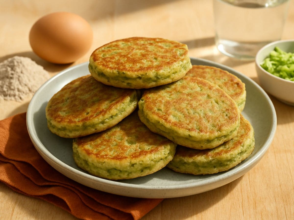 Kleine pannenkoekjes met verstopte courgette op een babybordje
