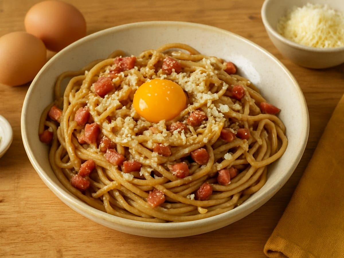 Pasta carbonara-stijl met spekjes en ei in een schaal