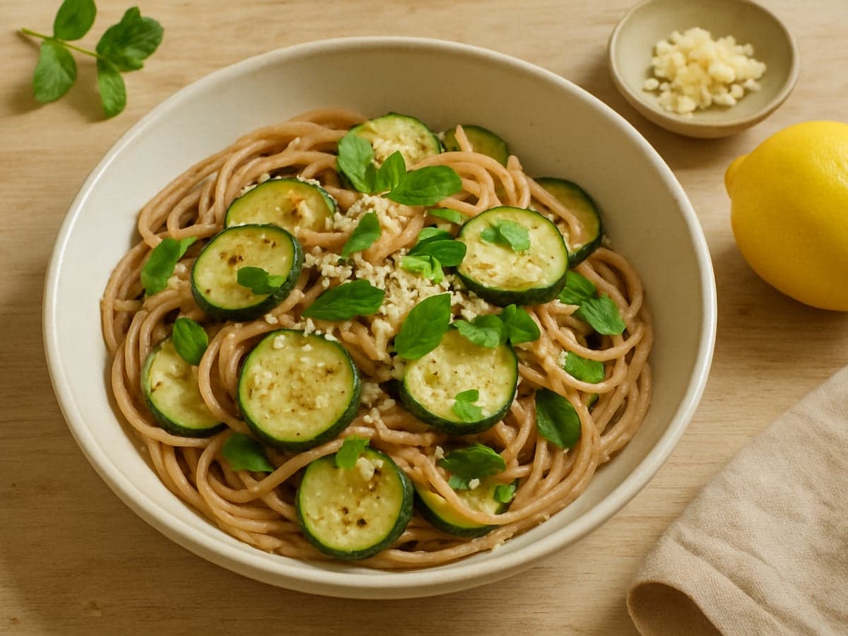 Pasta met courgette, citroen en pecorino in een schaal