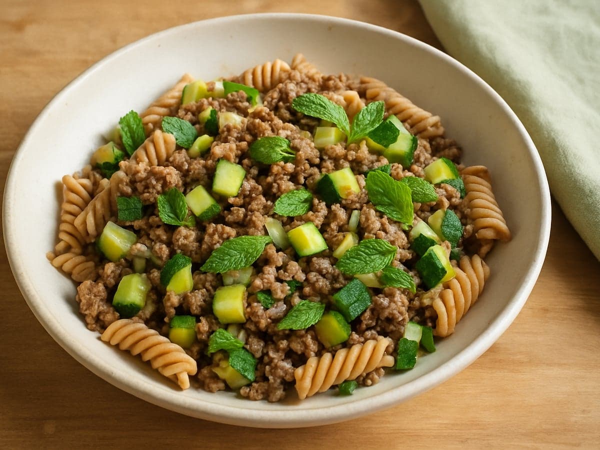 Pasta met courgette, gehakt en munt in een schaal