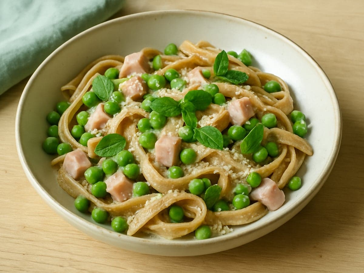 Pasta met erwtjes, ham en munt in een schaal