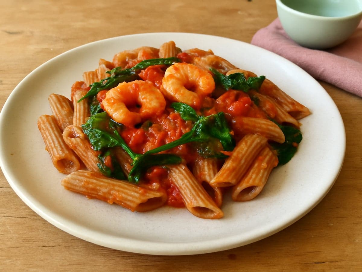 Pasta met garnalen, spinazie en tomatensaus op een bord