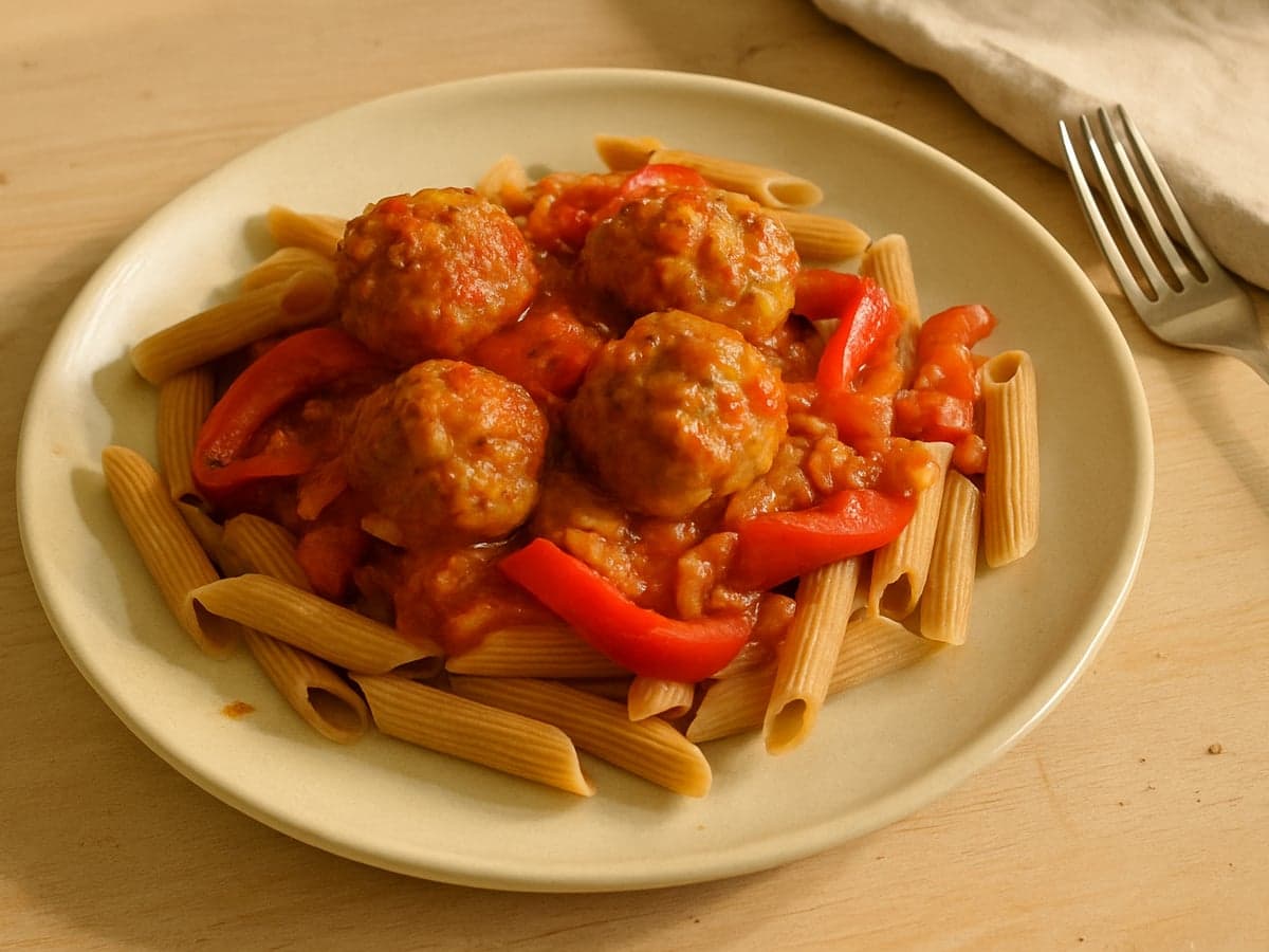 Pasta met kalkoenballetjes, paprika en tomatensaus op een bord