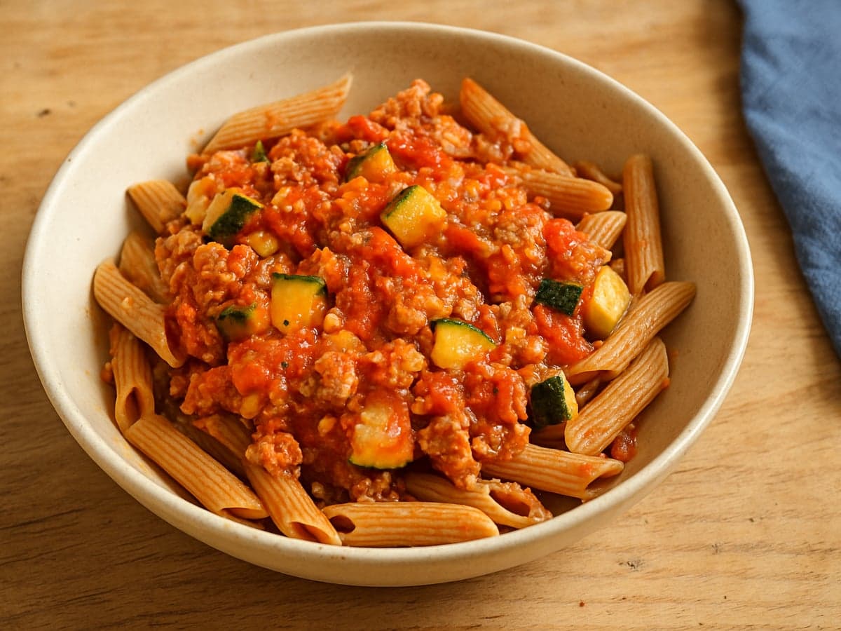 Pasta met kalkoengehakt, courgette en tomatensaus in een schaal