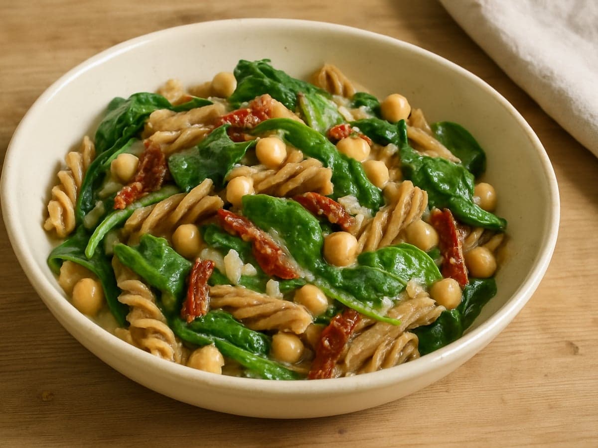 Pasta met kikkererwten, spinazie en zongedroogde tomaat in een schaal