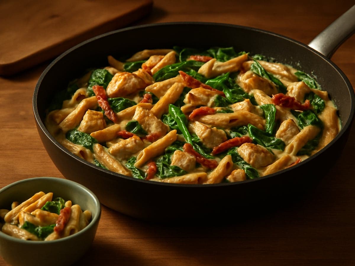 Pasta met kip, spinazie en zongedroogde tomaat in een pan