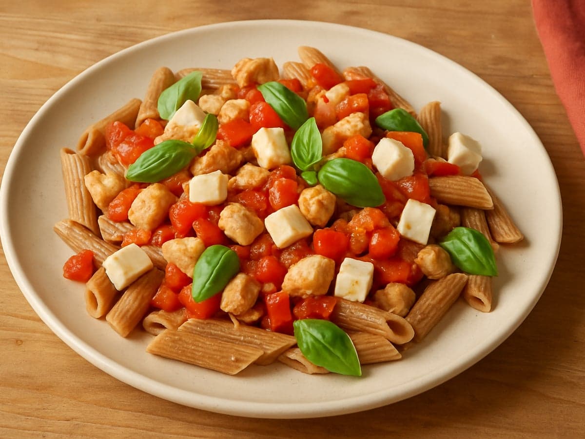 Pasta met kip, tomaat en mozzarella op een bord