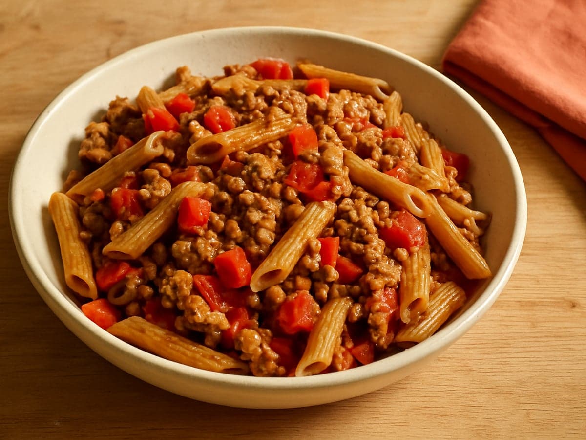 Pasta met linzen, worst en paprika in een schaal