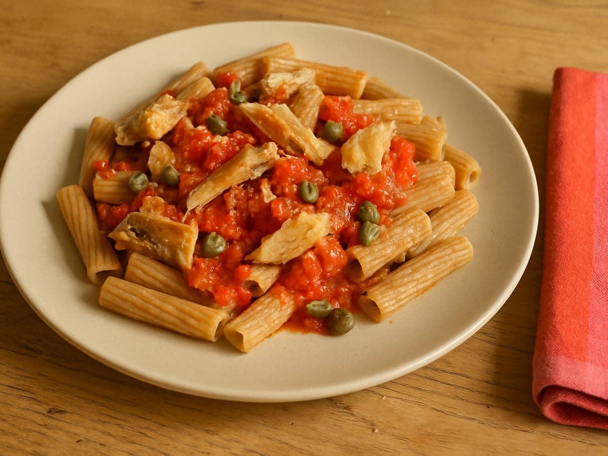 Pasta met makreel, tomaat en kappertjes op een bord