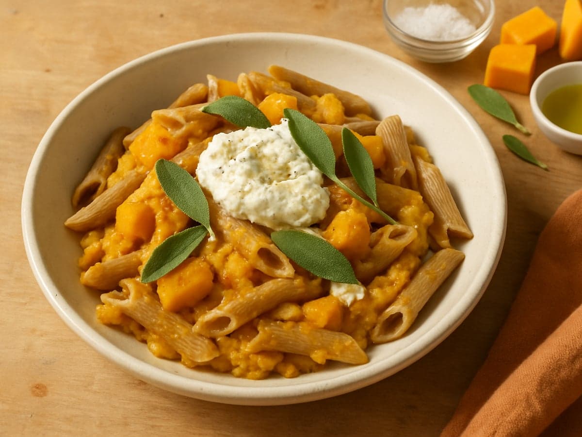 Pasta met pompoen, salie en ricotta in een schaal