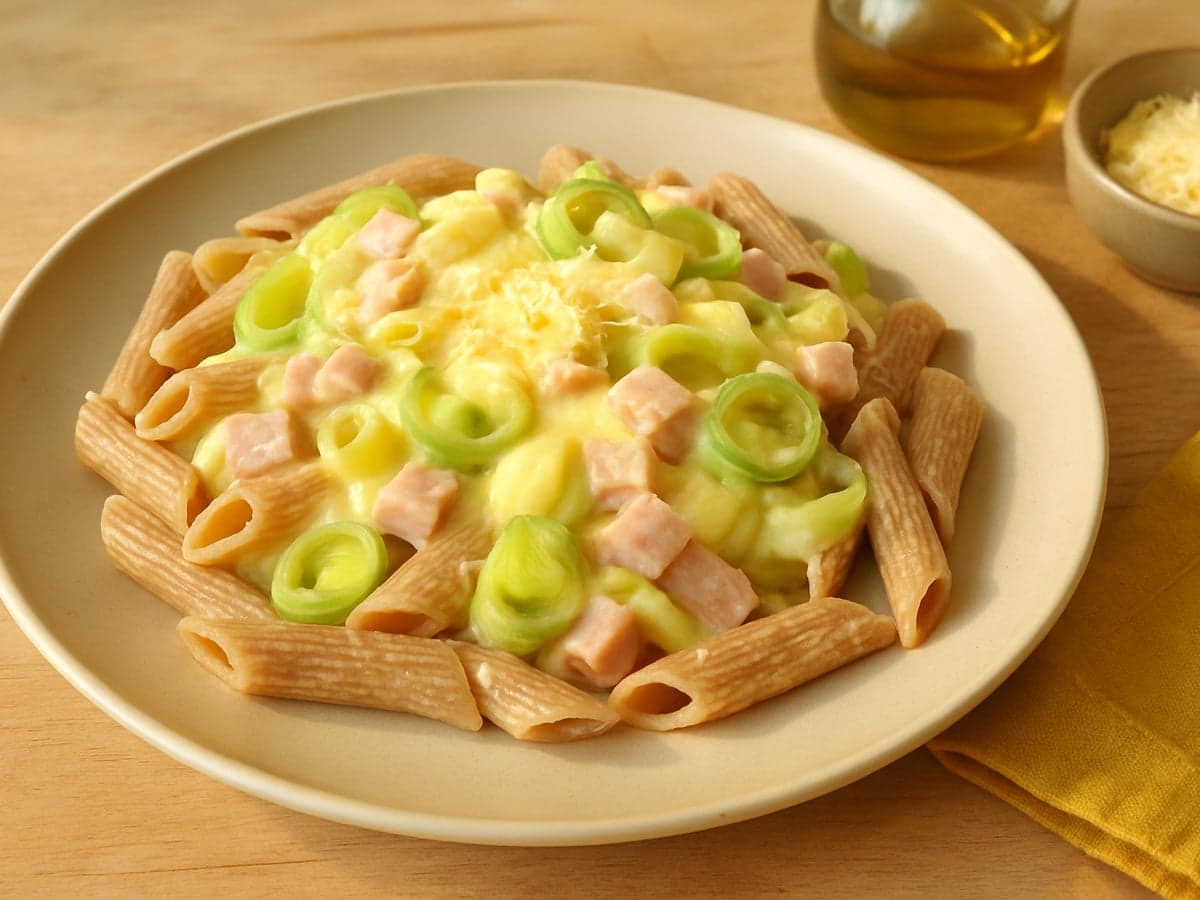 Pasta met prei, ham en kaassaus op een bord