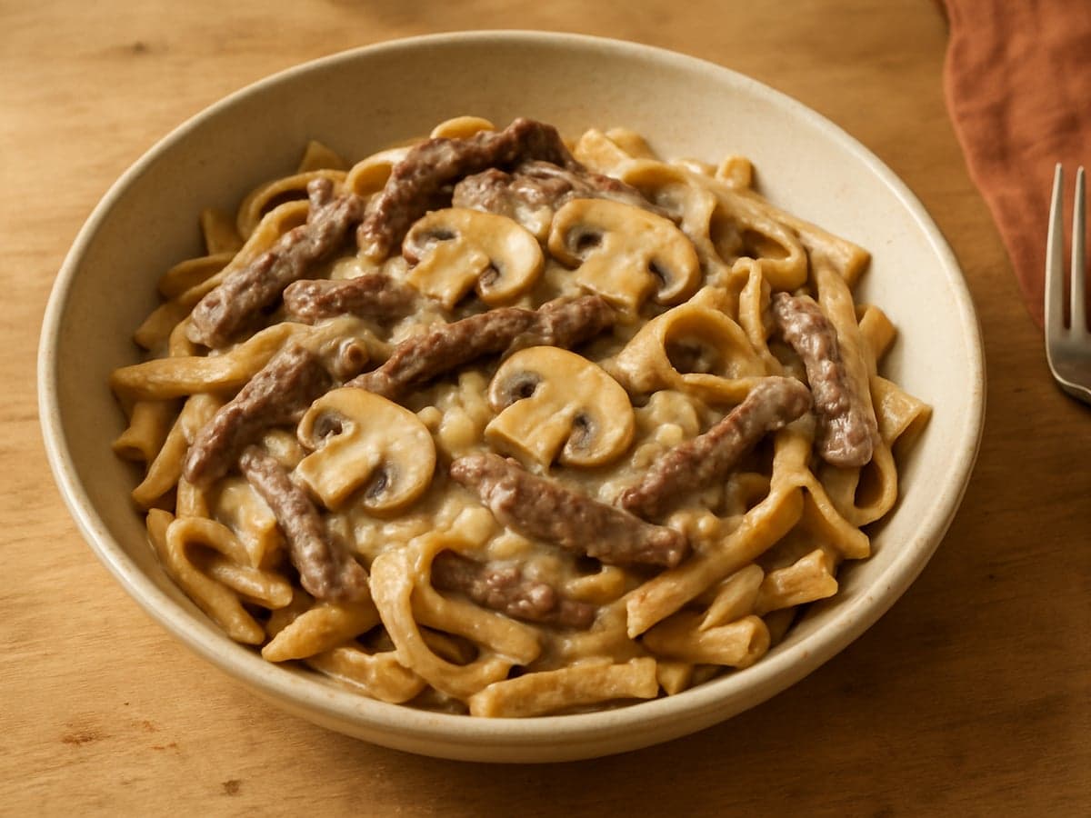 Pasta met runderreepjes, paddenstoelen en room in een schaal