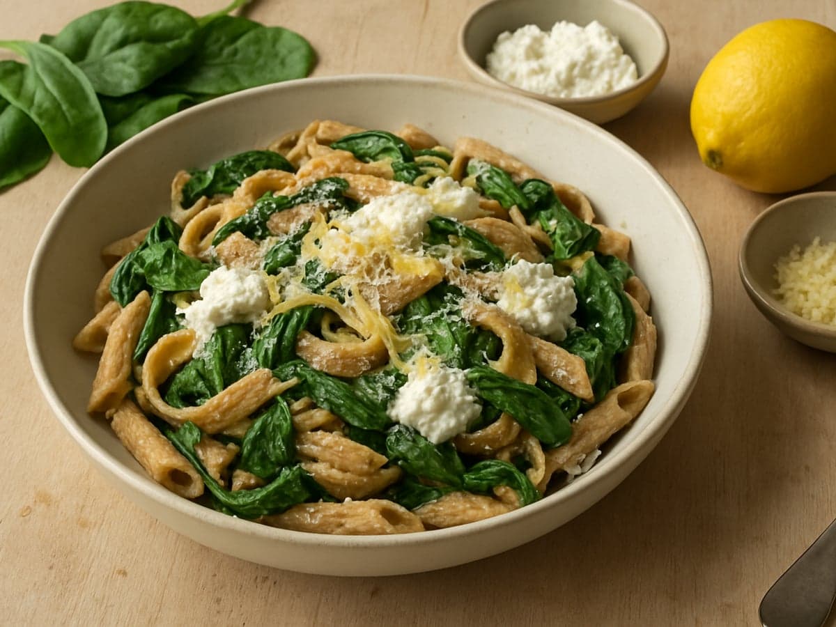 Pasta met spinazie, ricotta en citroen in een schaal