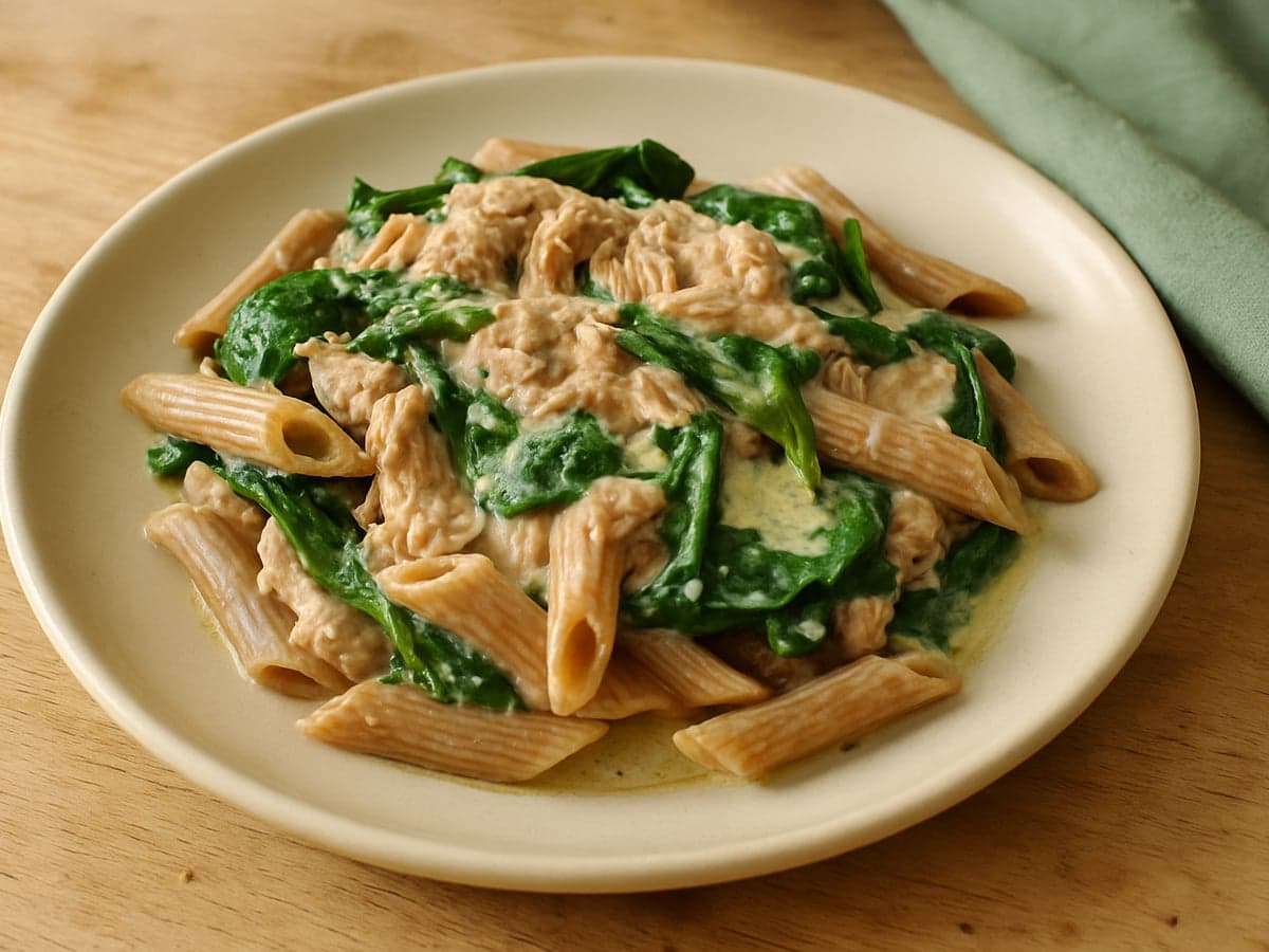 Pasta met tonijn, spinazie en room op een bord