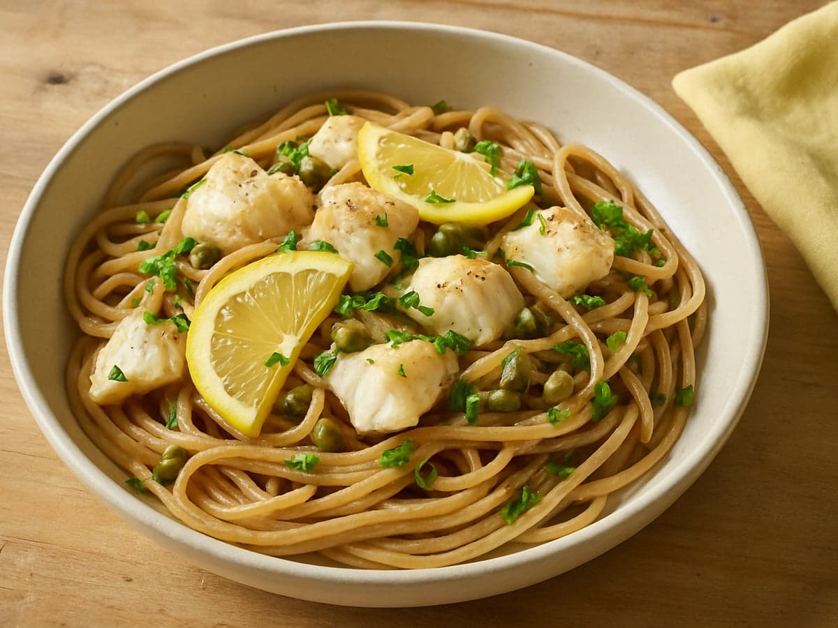 Pasta met witvis, citroen en kappertjes in een schaal