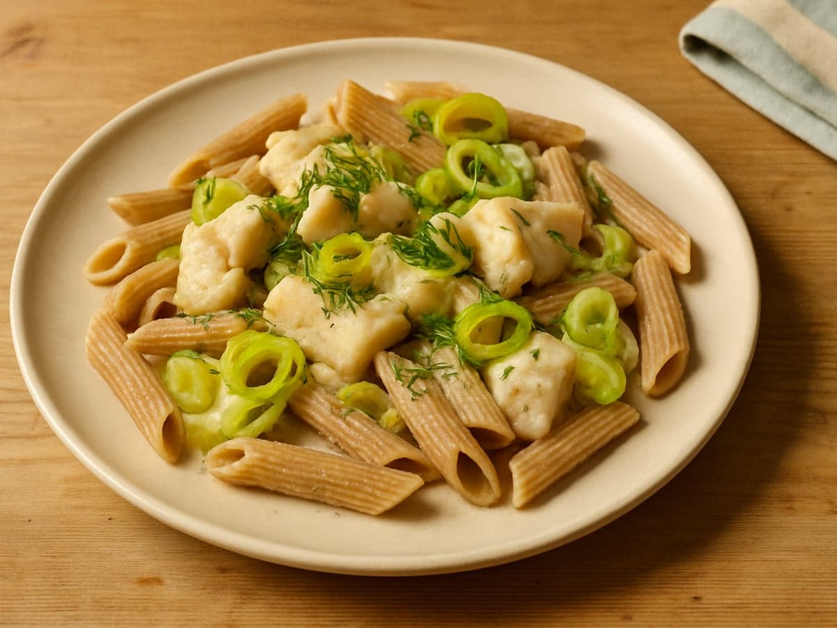 Pasta met witvis, prei en dille op een bord