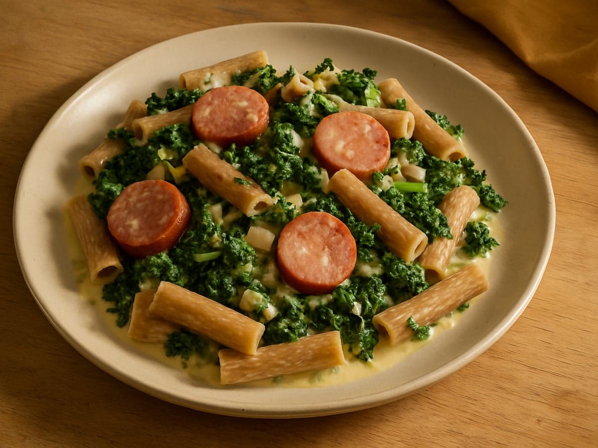 Pasta met worst, boerenkool en room op een bord