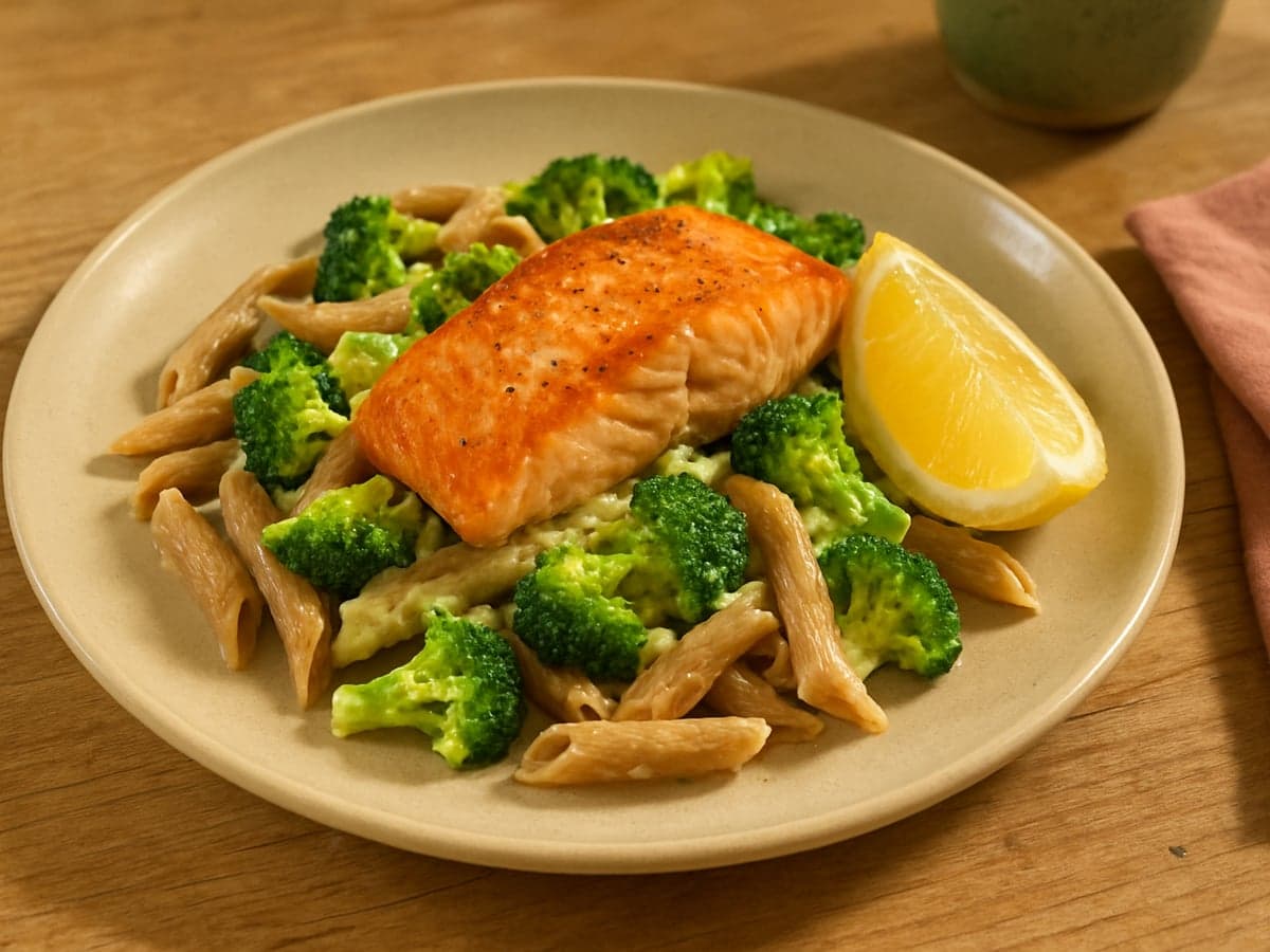 Pasta met zalm, broccoli en citroen op een bord
