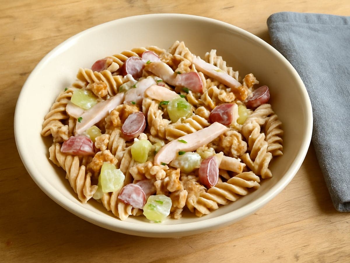 Pastasalade met gerookte kip, druiven en walnoten in een schaal